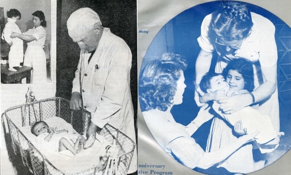 Three pictures of a nurse helping a child get dressed, a doctor tending to a baby, and a nurse with orphan children
